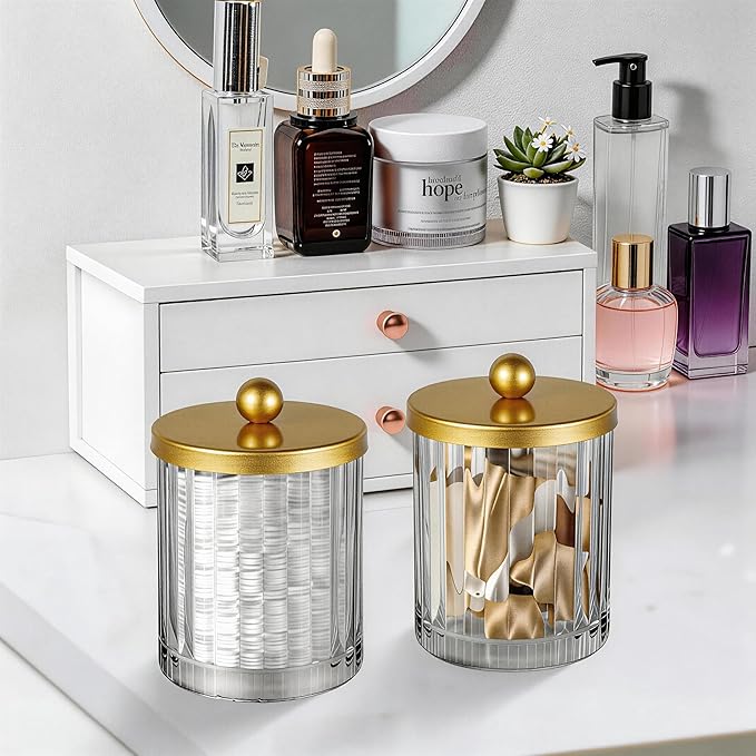 Amolliar Qtip Holder Dispenser for Bathroom, Clear Glass Canister Apothecary Jar for Cotton Swabs, Cotton Balls, Makeup Pads, Floss Picks, Container for Countertop Vanity Storage Organizer,Gold 4 Pack