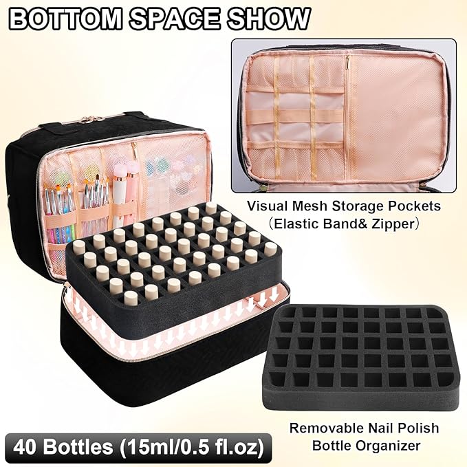 Veirdro Nail Polish Organizer Bag Holds 80 Bottles (15ml/0.5fl.oz)& Nail Lamp, Soft Nylon Nail Kit Storage Carrying Case with Shoulder Strap, Double Layer Nail Supplies Organizer Handbag Women Black