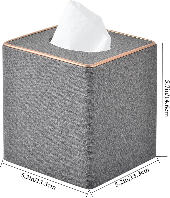 Linen Square Tissue Box Holder Cube Tissue Box Cover－Rosegold Leather Recorate,Napkin Holder Case Dispenser, Tissue Holders with Magnetic Bottom for Home Office Car Hotel Restaurant,Grey