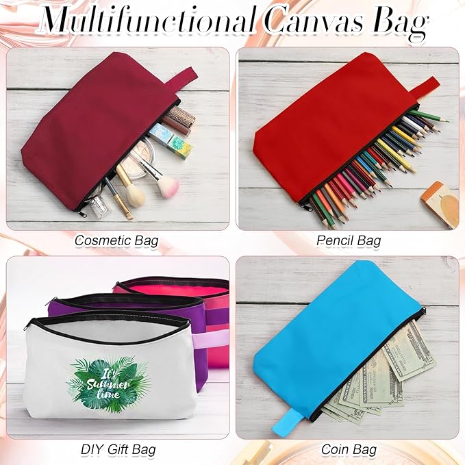 Reginary 60 Pcs Multicolor Canvas Makeup Bag Bulk Portable Travel Cosmetic Pouch Versatile Blank Toiletry Bag with Zipper for Women DIY Craft Purse Pencil Case (8.6 x 5 x 2 Inch)