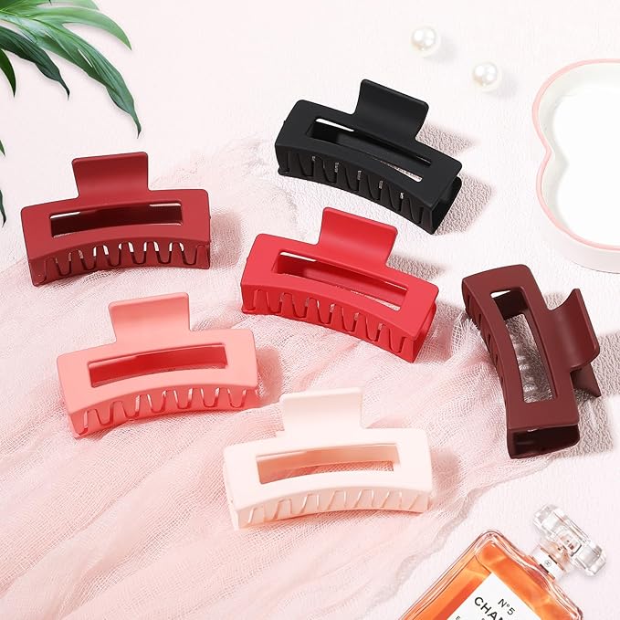 Sisiaipu 3.5 Inch Medium Hair Claw Clips 6 Pack Hair Clips for Women Square Rectangle Claw for Hair Banana Jaw Clips Hair Accessories for Girls -Red