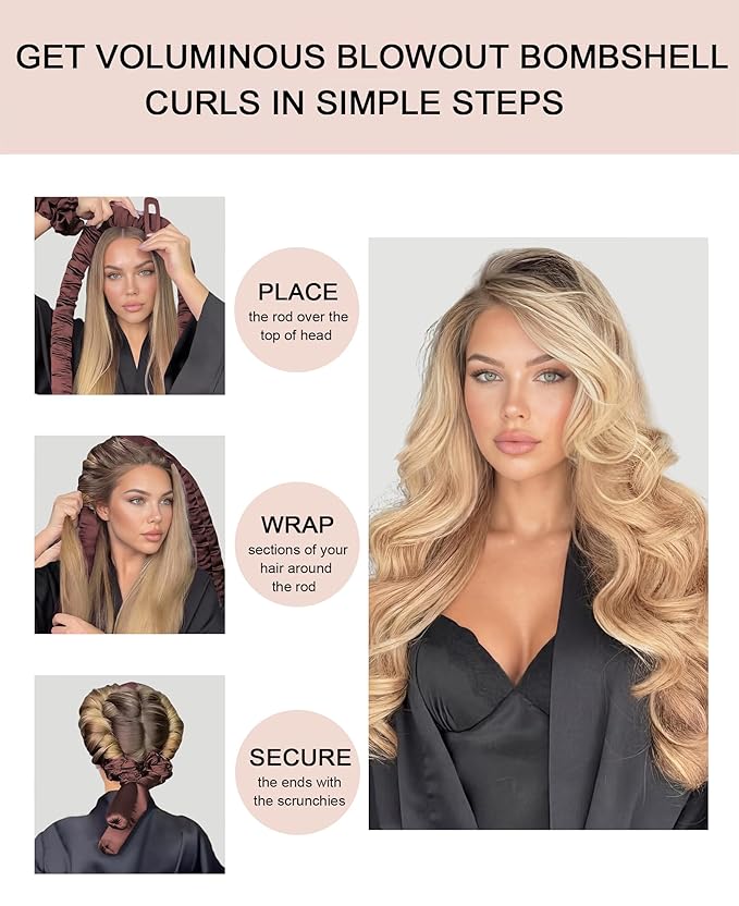 Jumbo Heatless Curls Overnight Hair Curler to Sleep In Soft Satin Large Hair Rollers Flexi Rods for Long Hair Blowout Look Big Curl, No Heat Overnight Curls, Heatless Curling Rod Set with Claw Clip