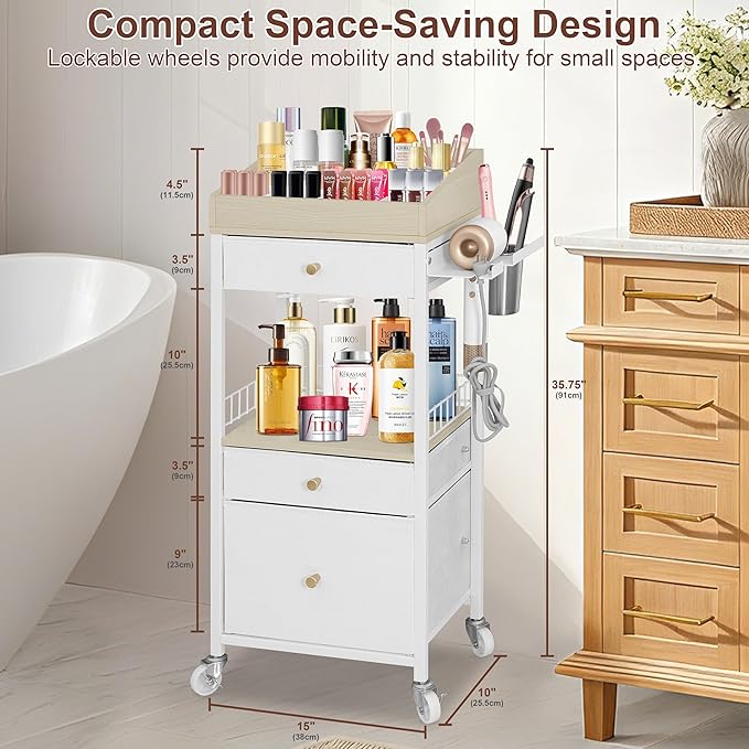 NauwaBarn Makeup Organizer Cart with 3 Drawers, Large Cosmetic Organizer with Detachable Hair Tool Holder, Makeup Cabinet Cosmetic Display Cases for Skin Care Perfume Nail Polish, White & Natural