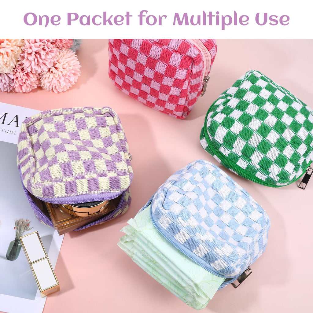 4Pcs Sanitary Napkin Storage Bag, Portable Period Bag for Teen Girls Woman, Pad Pouch Tampon for Purse, Reusable Zipper Period Pouches for Teen School Office Travel Feminine Care Organizer, Plaid