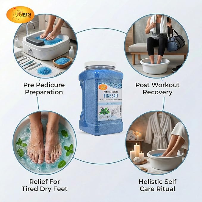 SPA REDI - Detox Foot Soak Pedicure and Bath Fine Salt, Mint and Eucalyptus, 128 Oz - Made with Dead Sea Salts, Argan Oil, Coconut Oil, and Essential Oil - Hydrates, Softens & Moisturizes Pkg May Vary