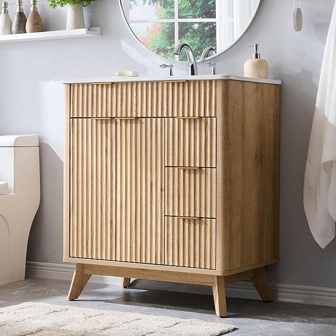 T4TREAM 30" Fluted Bathroom Vanity with Ceramic Sink Combo，Freestanding Modern Bathroom Storage Vanity Cabinet with 2 Soft Closing Doors & 3 Drawers，Wood Grain Texture，Metal Handle，Natural Oak | Fluted, Freestanding, Modern, Bathroom Storage, Vanity Ca...