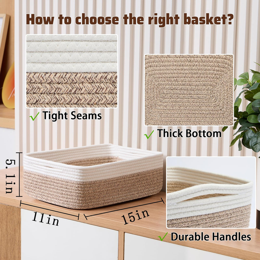 MiniArk Large Shallow Organizing Baskets 15x11x5.1 Inches - Rope Woven Storage Bins for Bathroom, Shelves, Cube Closet, White Mixed Brown 2 Packs