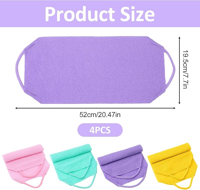 DOPENSPI 4PCS Exfoliating Back Scrubber with Handles, Nylon Double-Sided Exfoliator Extended Length Stretchable Body Exfoliating Washcloth Pull Strap Back Washer for Women Men(B)