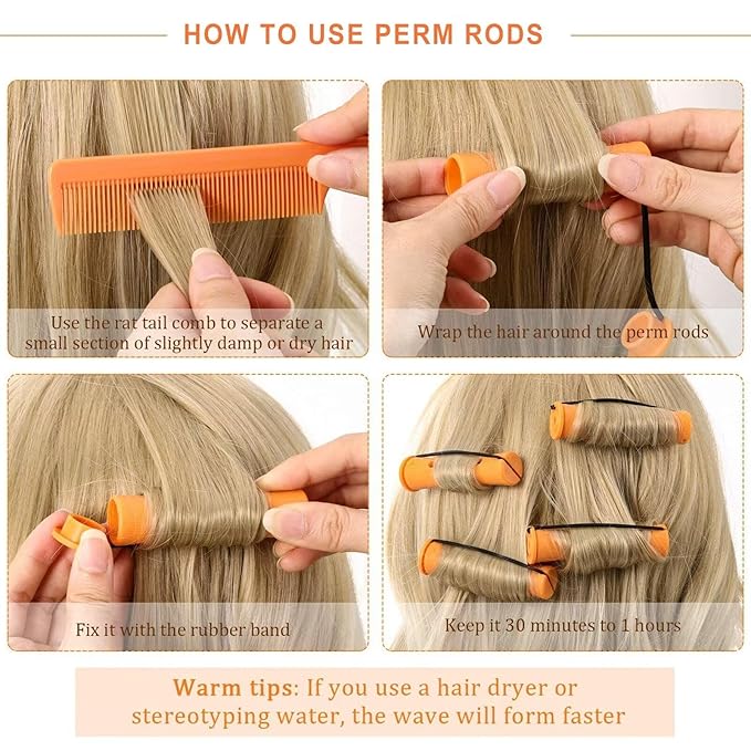 meigick 40 Pieces Orange Plastic Perm Rods for Natural Hair Heatless Hair Rollers for Women Hair Roller Curler Styling Tool