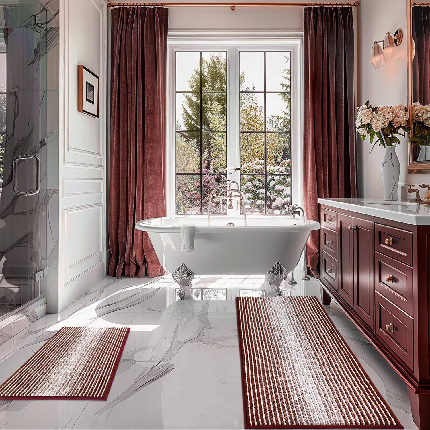 Bathroom Rugs and Mats Sets, 2 Piece Thick Absorbent Chenille Bath Mat Rug Set Non Slip, Soft Shaggy Bath Room Floor Mats for Bathroom, Machine Washable (Burgundy Red, 20" x 47" Plus 20" x 32")