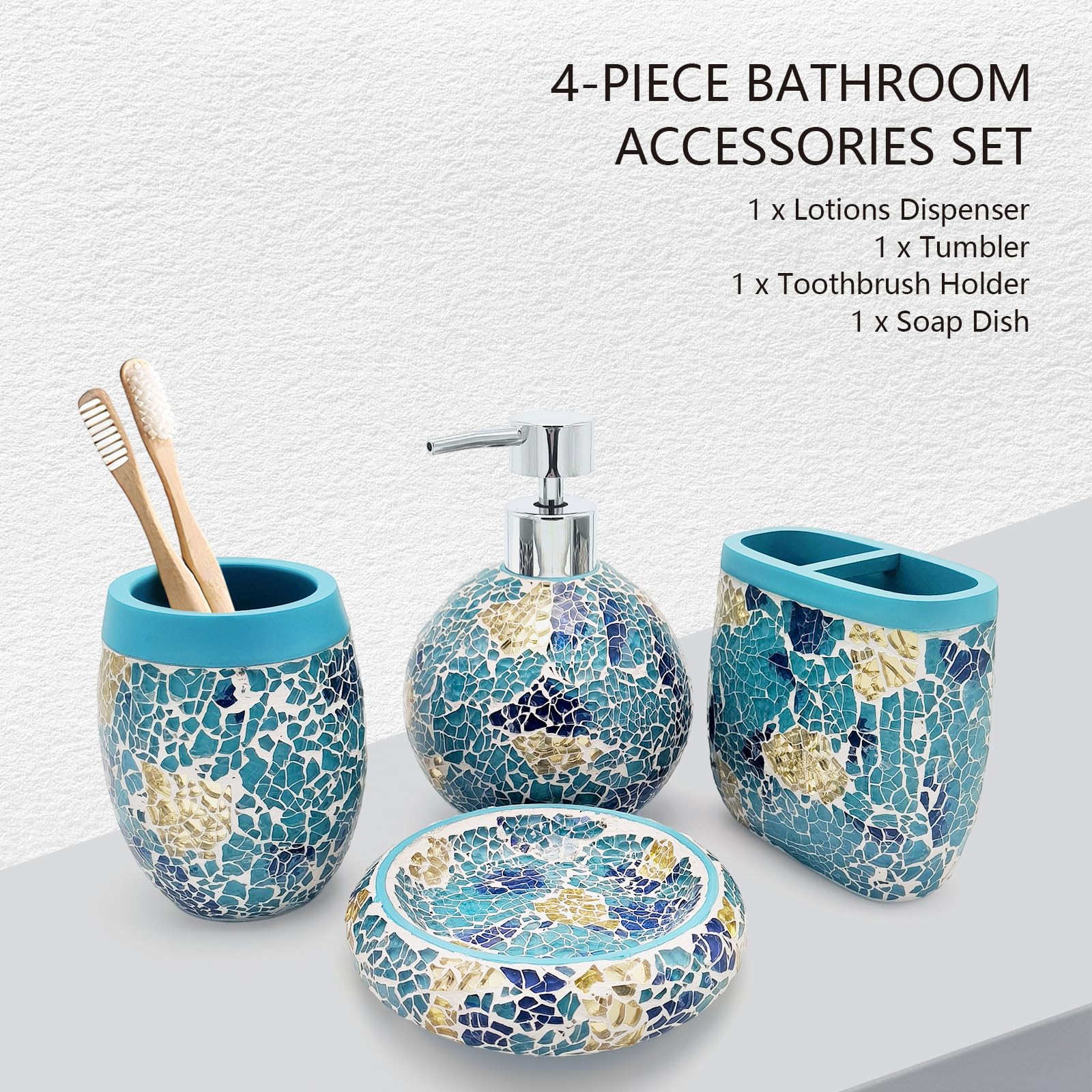 Handmade Blue Mosaic Glass Bathroom Accessory Sets 4PCS Bathroom Accessories Set Complete Includes Lotion Dispenser Toothbrush Holder Tumbler Cup & Soal Dish