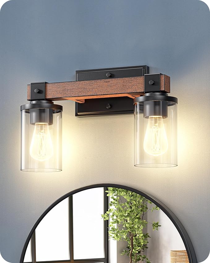 EDISHINE Farmhouse Vanity Lights for Bathroom, 2-Light Bathroom Vanity Light Fixtures Over Mirror, Painted Wood Bath Wall Sconces Lamp with Clear Glass Shade for Bedroom, Powder Room