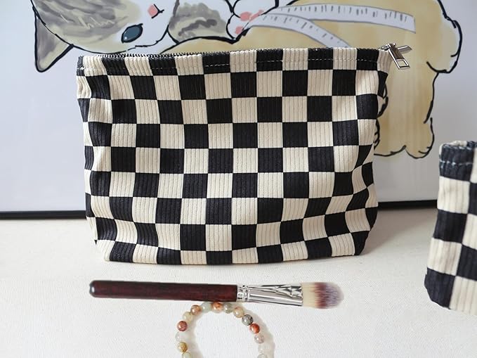 HAPPYHEIDI Checkered Corduroy Makeup Bag Set 3 Women Cosmetic Toiletry Travel Pouch Purse Accessory Organizer, 3-Size, Vintage Black Tan-White