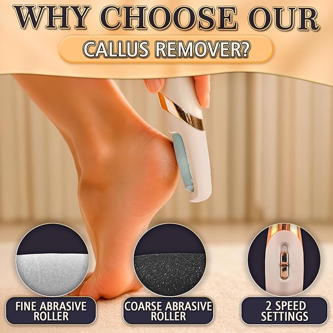 Foot Callus Remover Electric – Callus Grinder for Feet with 2-Speed and 2 Rollers (Coarse & Fine) for Smooth & Soft Feet, Easy to Clean – Compact Electric Foot Sander for Daily Foot Care & Travel Use
