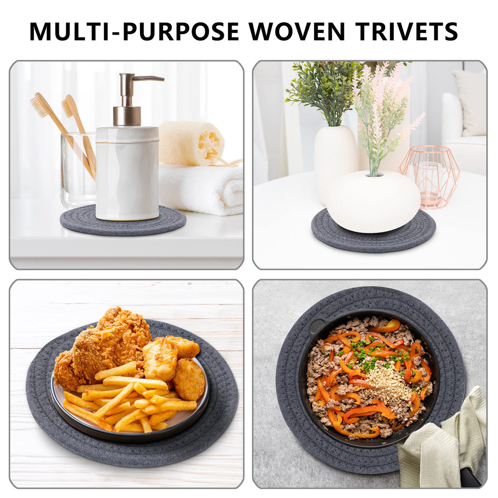 Coga Trivets for Hot Dishes, 4 Pack 7 Inch Cotton Hot Pads for Kitchen with Storage Basket, Round Pot Holders for Kitchen, Heat Resistant Mats for Countertop, Pots and Pans, Farmhouse Decor, Grey