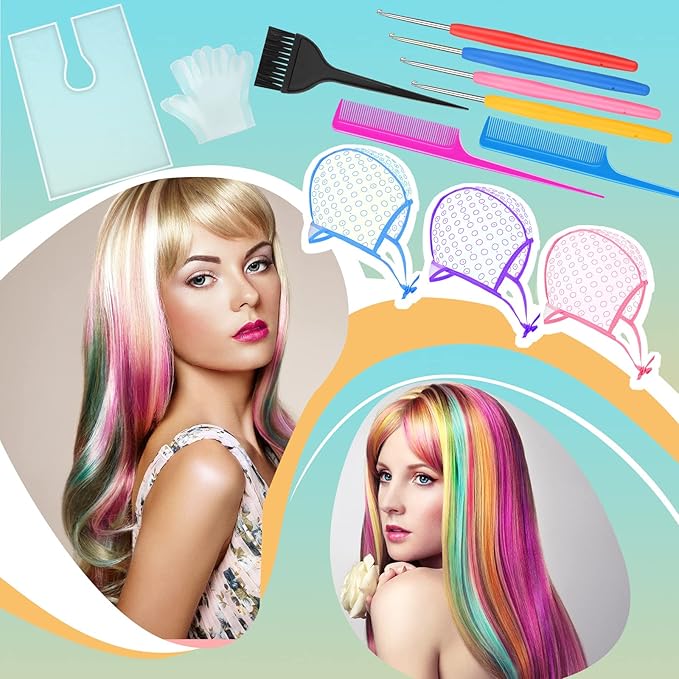 27 Pcs Hair Highlighting and Coloring Kit, Include 6 Highlight Cap for Hair Dying Coloring Frosting Caps 6 Dye Shawl 6 Pair Gloves 3 Dye Brush 4 Needle 2 Rat Tail Comb for Salon Hairdressing