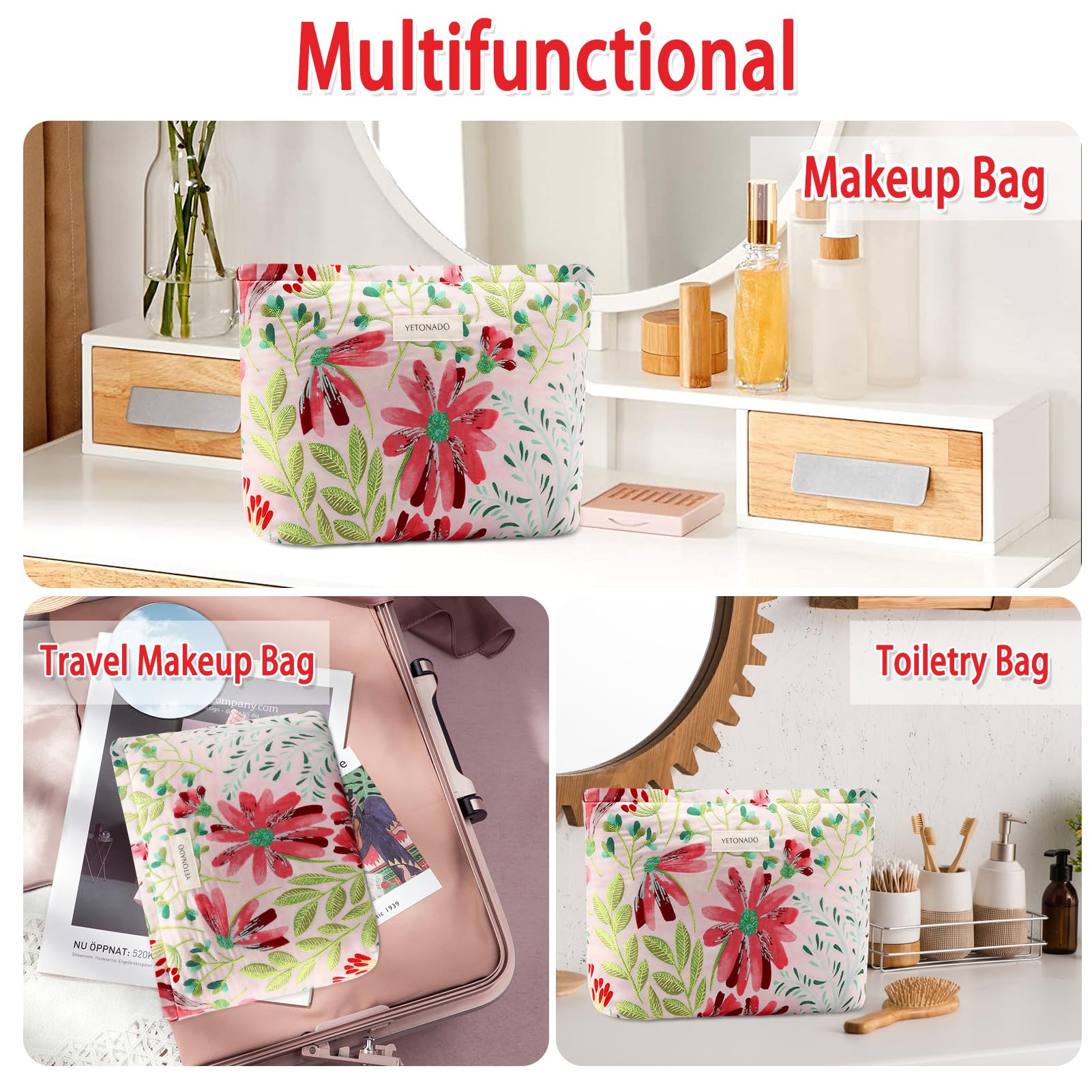 ZLFSRQ Floral Makeup Bag for Women Cute Cosmetic Bag Large Capacity Cosmetic Pouch Embroidery Vintage Zipper Makeup Pouch for Purse Portable Travel Toiletry Bags Aesthetic Skincare Storage Organizer