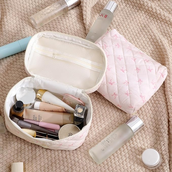uekeboag Large Travel Quilted Makeup Bag for Women, Floral Cotton Cosmetic Bag, Coquette Aesthetic Floral Toiletry Organizer Bag(Hot pink