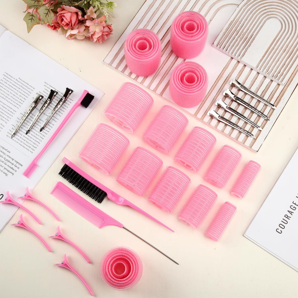 5 Sizes Self Grip Hair Rollers Set, 64 Pcs Rollers Hair Curlers with Clips Comb for Long Medium Short Hair (60 48 40 32 20mm), Pink
