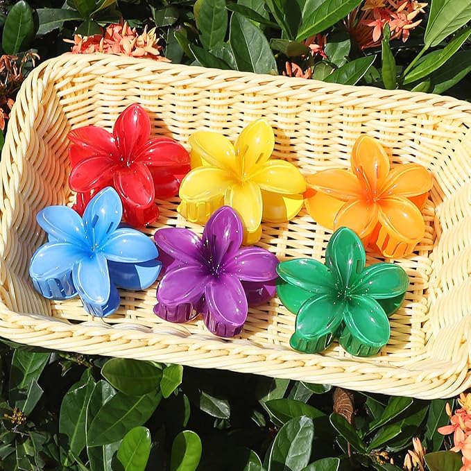 Sisiaipu Flower Hair Clips for Women 6 Pcs Hawaiian Large Claw Clips Plumeria Medium Hair Claw Clips for Thick Thin Hair Hibiscus Tropical Beach Hair Accessories for Women Girls and Girls-Dark Color