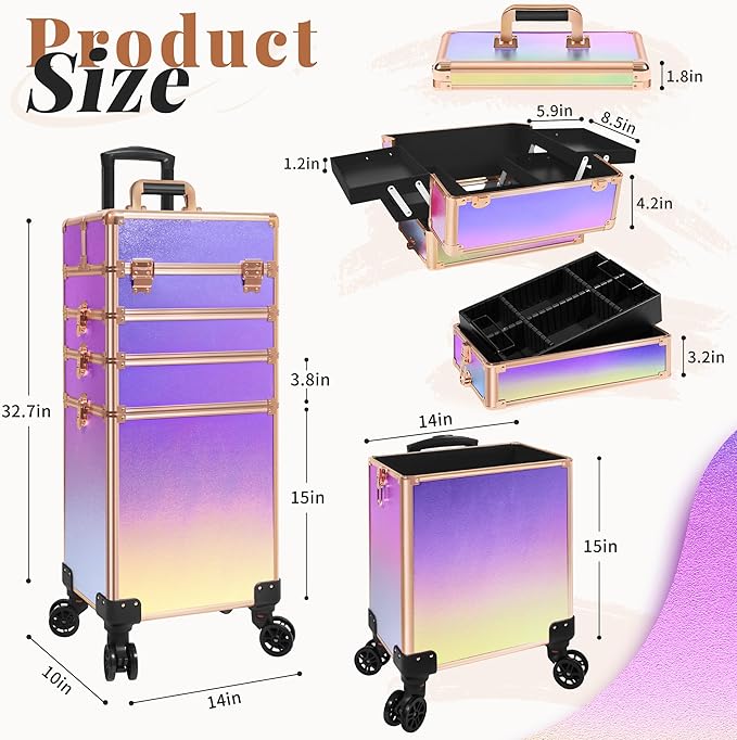 JINGUAN Professional Rolling Makeup Train Case with Lid, 5 in 1 Cosmetology Case on Wheels, Large Cosmetic Trolley Organizer Travel for Hairstylist Artist Nail Beauty Salon Barber, Colorful