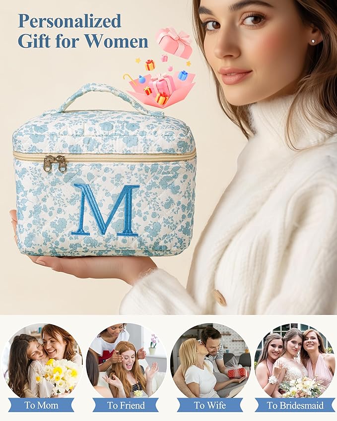 HBselect Initial Quilted Makeup Bag, Cotton Large Travel Make up Bag, Cute Floral Coquette Make up Bag Cosmetic Bag Toiletry Bag for Women Girls M