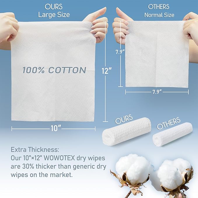 WOWOTEX 100% Cotton Disposable Face Towel 200 Count 10x12 Inch | Biodegradable Thick Soft One Time Use Dry Wipes for Sensitive Skin, Facial Cleaning, Makeup Removal