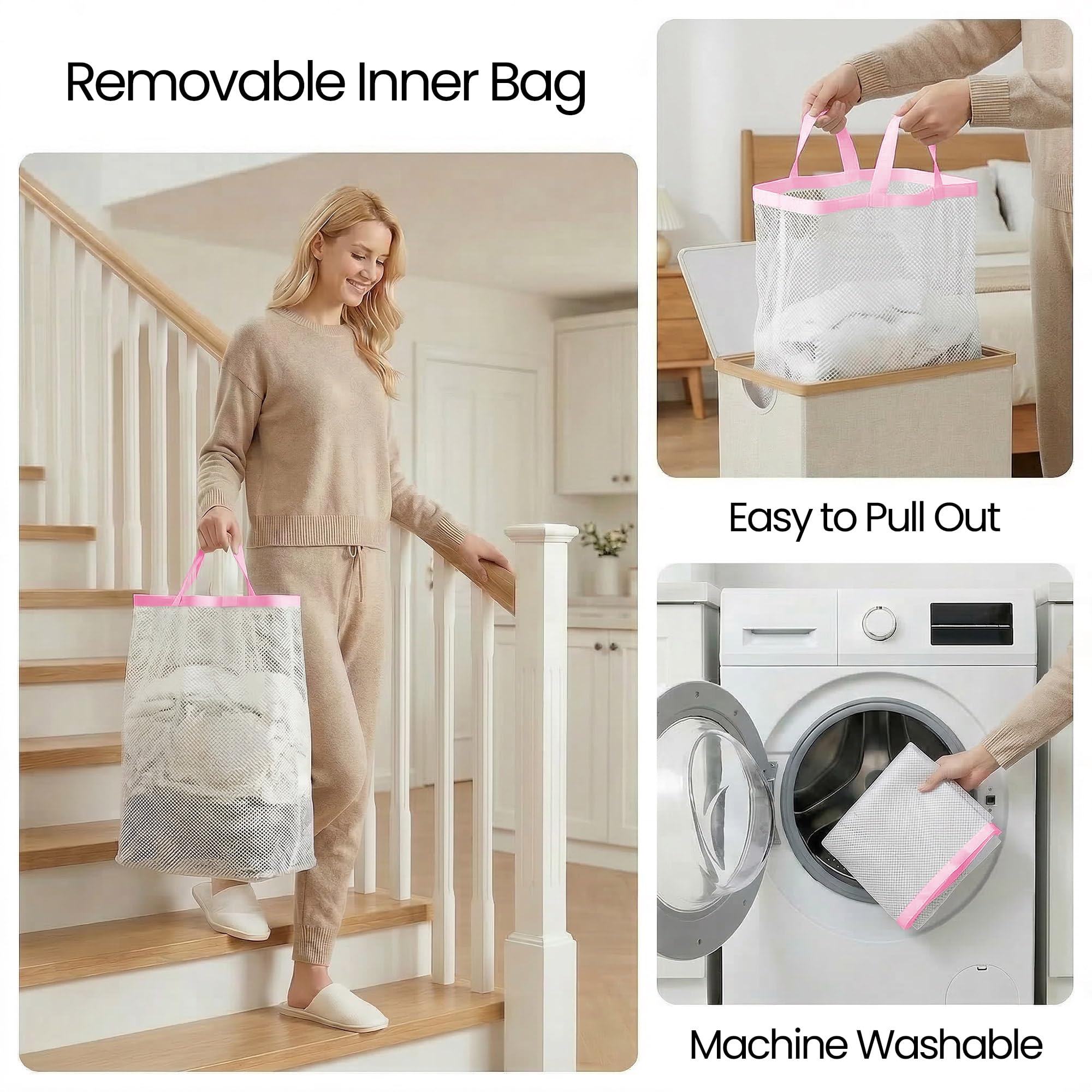 efluky Slim Laundry Basket with Lid, Narrow Laundry Hamper with Removable Bag, Skinny Dirty Clothes Basket with Bamboo Handles for Bathroom, Bedroom & Laundry Room, 65L Pink