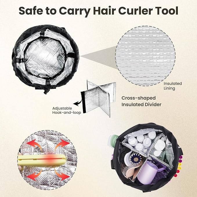 Hairstylist Travel Bag, with Dust Cover, 11L Large Capacity, Heat-Resistant Interior, Iridescent Pockets, 24 Hook-and-loop Slots, Top Drawstring, Makeup & Pet Grooming Supplies Organizer