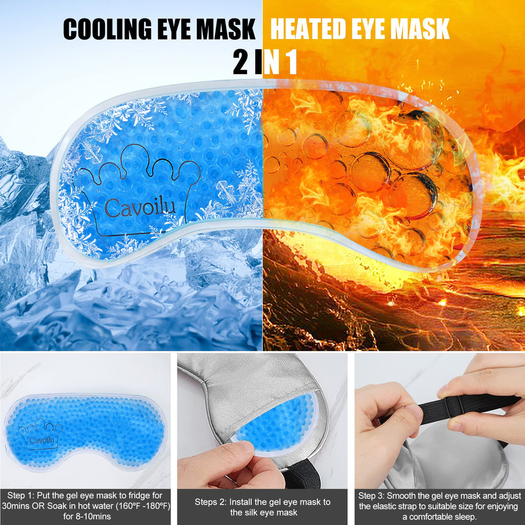 Cavoilu Sleep Mask w/ Cooling Gel Eye Mask, Silk Eye Mask for Sleeping, Hot & Cold Eye Masks, Blindfold Eye Cover Sleeping Mask for Home Office Travel, Yoga, Stocking Stuffers for Men Women (Grey)