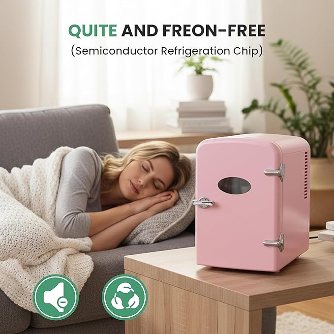 Simple Deluxe Mini Fridge with Viewing Window, 4L/6 Can Portable Cooler & Warmer, Freon-Free Small Refrigerator for Skincare, Drinks, Snacks & Cosmetics, Pink