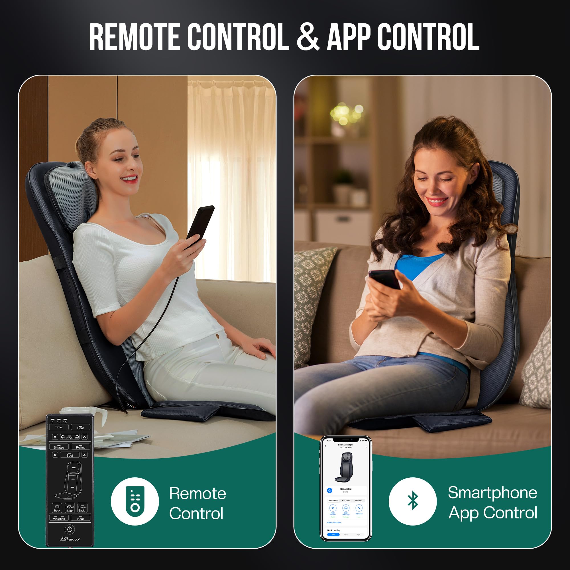 Snailax Shiatsu Neck Back Massager with Heat, Full Body Massage Chair Pad with Adjustable Height, Deep Kneading & Rolling Massage Seat Cushion for Back Pain, APP Control Seat Chair Massager, Gifts