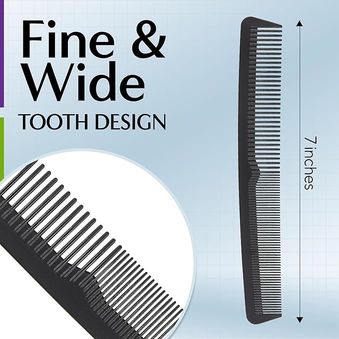 Professional Grade Styling Comb Set - 4 Pack Premium Carbon Fiber 7" Comb - Heat Resistant, Fine and Wide Tooth, Anti Static - Salon Quality Hair Styling Accessories for Home or Barber