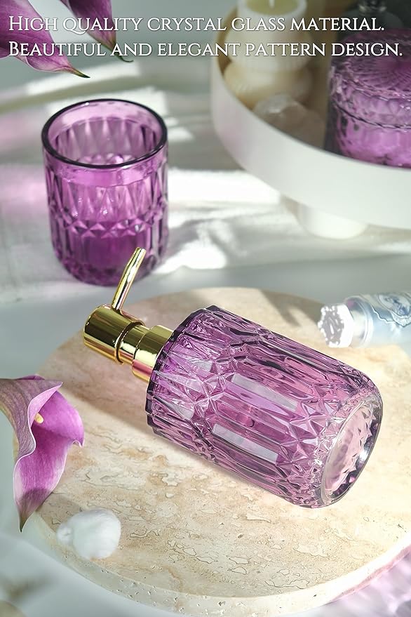 LaMrriti Purple Bathroom Accessories Set 5 Pcs, Glass Bathroom Set, Soap Dispenser and Toothbrush Holder Set, Q-tip Holder Set, Crystal Glass Vintage Bathroom Sink Set, Cute Bathroom Decor