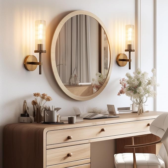15" Knurled Bronze Hardwired Wall Sconces Set of 2, Bathroom Vanity Light Fixtures with Vertical Striped Glass Tube, Modern Lamp Lighting for Bedroom, Living Room, Hallway, Staircase, Mirror, Kitchen