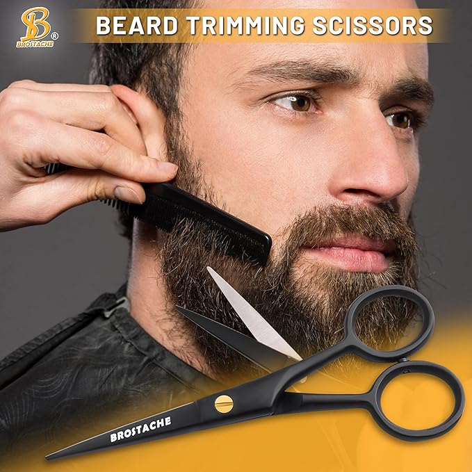 5” Professional Beard and Mustache Scissors, German Steel Beard Scissors Come with Mustache Comb, Beard Comb and Carrying Pouch. Grooming Scissor for All Facial Hair Scissors (Black)