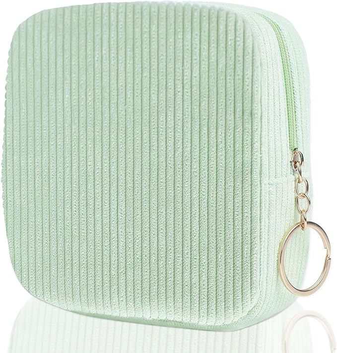 Teircno Sanitary Napkin Storage Bag, Preppy Corduroy Period Bag for School Teen Girls, Cute Portable Period Pouch with Zipper, Sanitary Pads Bag Tampons Holder for Purse, First Period for Women Ladies