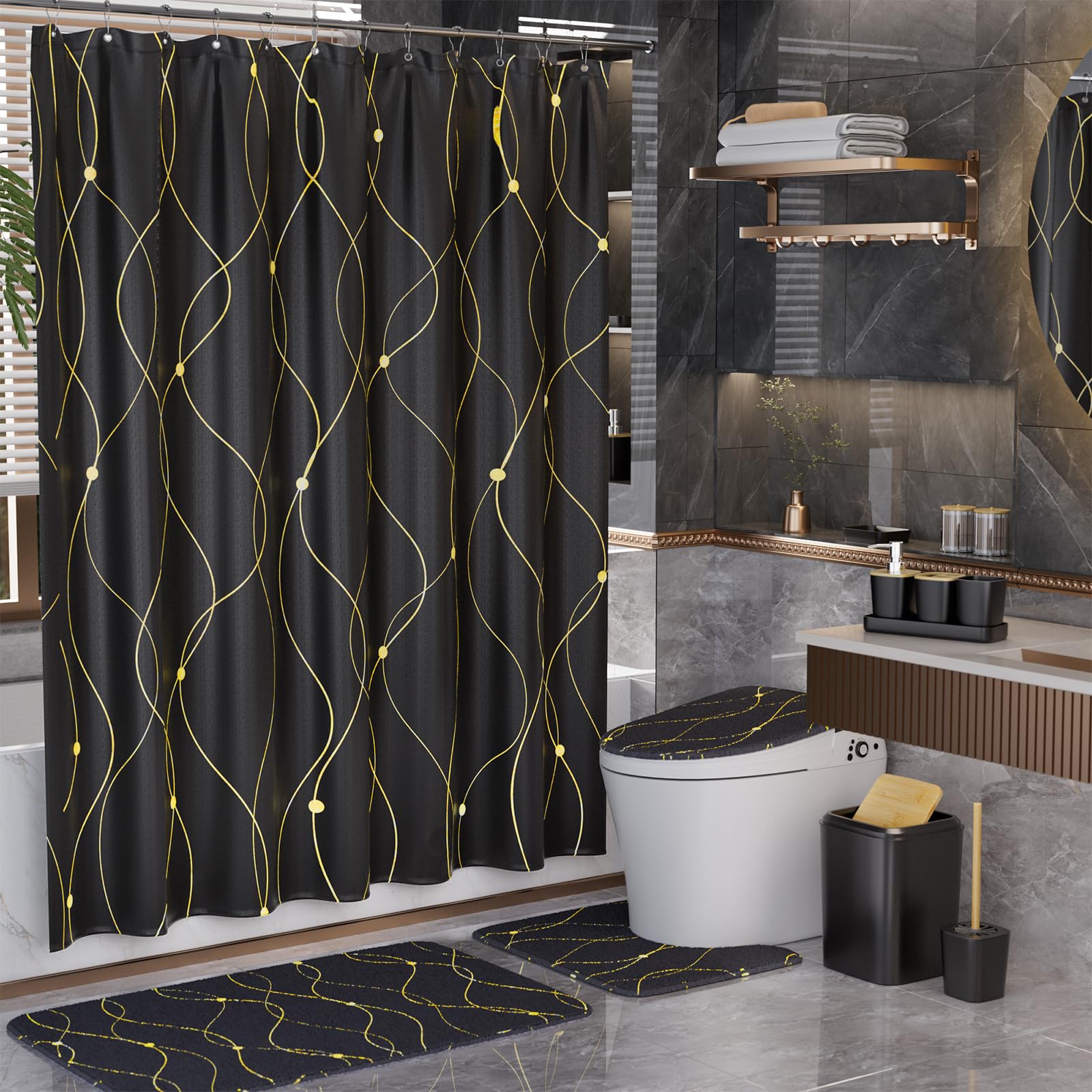 XLHOMO Black and Gold Bathroom Accessories Set - 24PCS with Shower Curtain, Rugs, and Waterproof Curtain Set