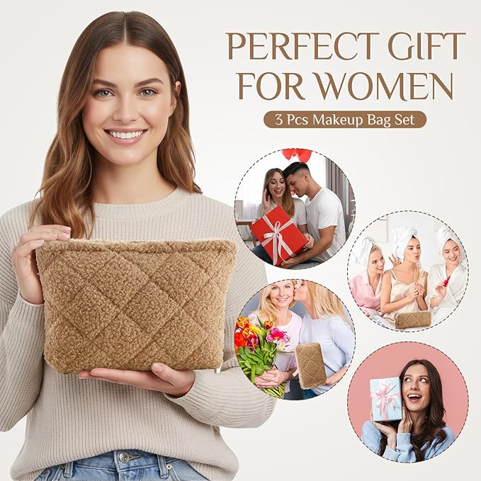 Paterr 3 Pcs Quilted Makeup Bag Set Back to School Favor Small Bridesmaid Cosmetic Bag Aesthetic Travel Pouch Cute Purse Pencil Case Makeup Storage Organizer for Women Birthday Gift(Fuzzy,Khaki)