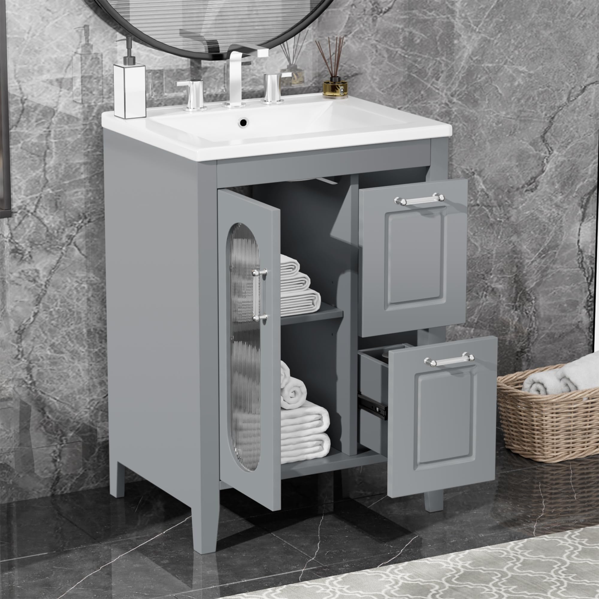 Harper & Bright Designs 24" Bathroom Vanity with Sink, Free Standing Single Basin Vanity Set with Two Drawers and Glass Door, Modern Wooden Bathroom Cabinet with Ceramic Basin for Bathroom, Grey