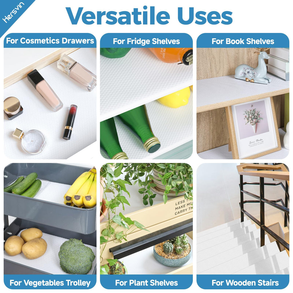 Hersvin Shelf Liners 12 in x 20 ft Self-Adhesive EVA Drawer Mats, Cupboard Protector, Kitchen Cabinet Lining Fridge Liner (White Flat Dot, 30.5x610cm)