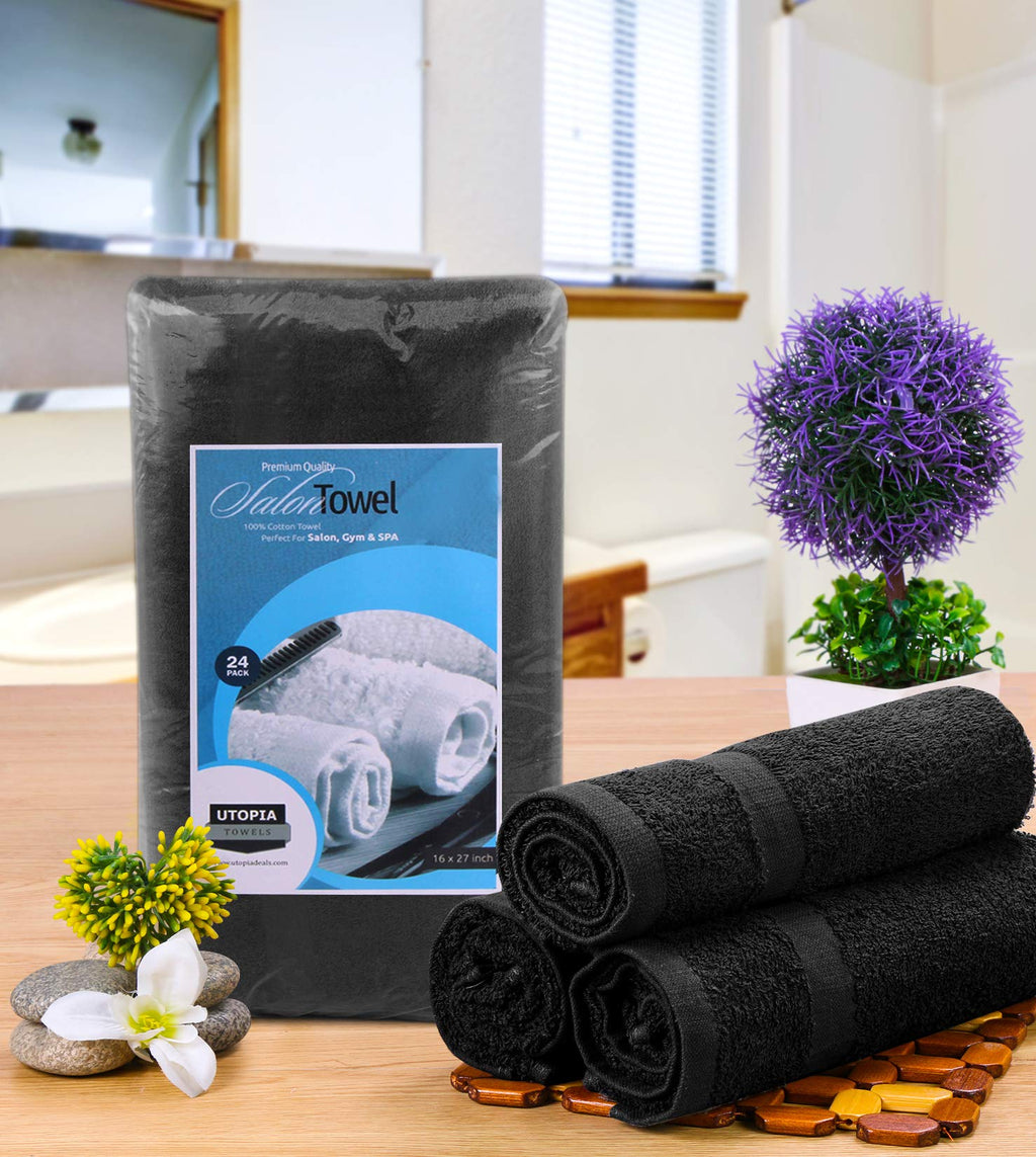 Utopia Towels Salon Towels, Pack of 24, 16x27 in, 100% Cotton, Black