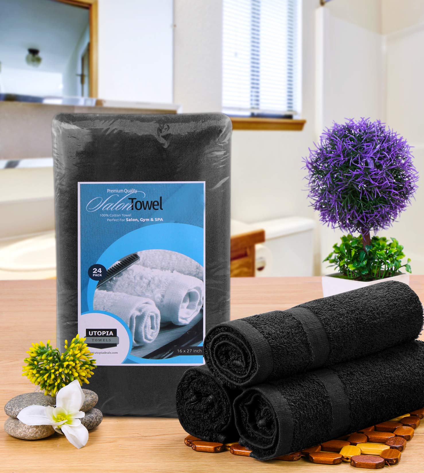 Utopia Towels Salon Towels, Pack of 24, 16x27 in, 100% Cotton, Black