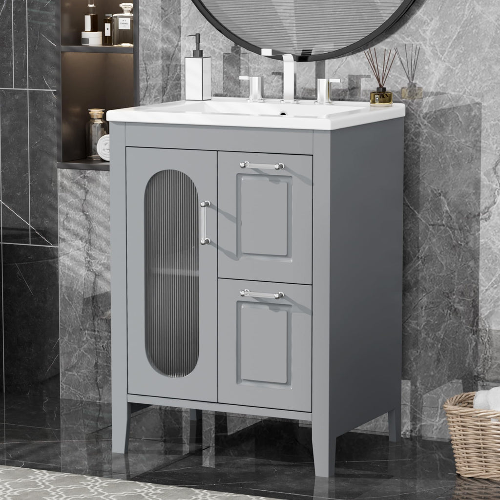 Harper & Bright Designs 24" Bathroom Vanity with Sink, Free Standing Single Basin Vanity Set with Two Drawers and Glass Door, Modern Wooden Bathroom Cabinet with Ceramic Basin for Bathroom, Grey