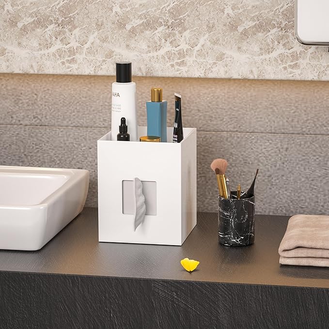 Hongtuocb White Acrylic Tissue Box Cover with Storage Tray,Square Acrylic Tissue Box Holder Napkin Dispenser for Bathroom Kitchen Home Office(White, 5.5x5.5x6.7)