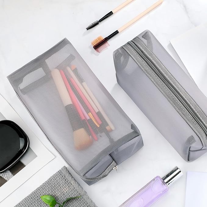 Boao 6 Pieces Mesh Makeup Bags Mesh Cosmetic Bag Portable Travel Organizing Zipper Pouch Toiletries Makeup Pouches for Home Office Travel Accessories(Gray)