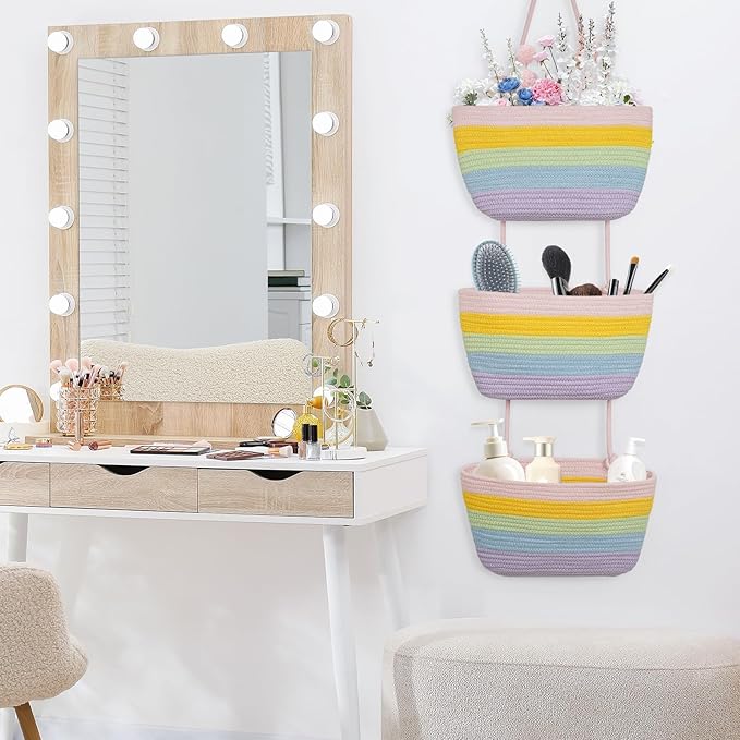 TeoKJ Over the Door Organizer, 3-Tier Woven Cotton Hanging Storage Baskets, Wall-Mounted Baskets for Nursery Organization, Rainbow