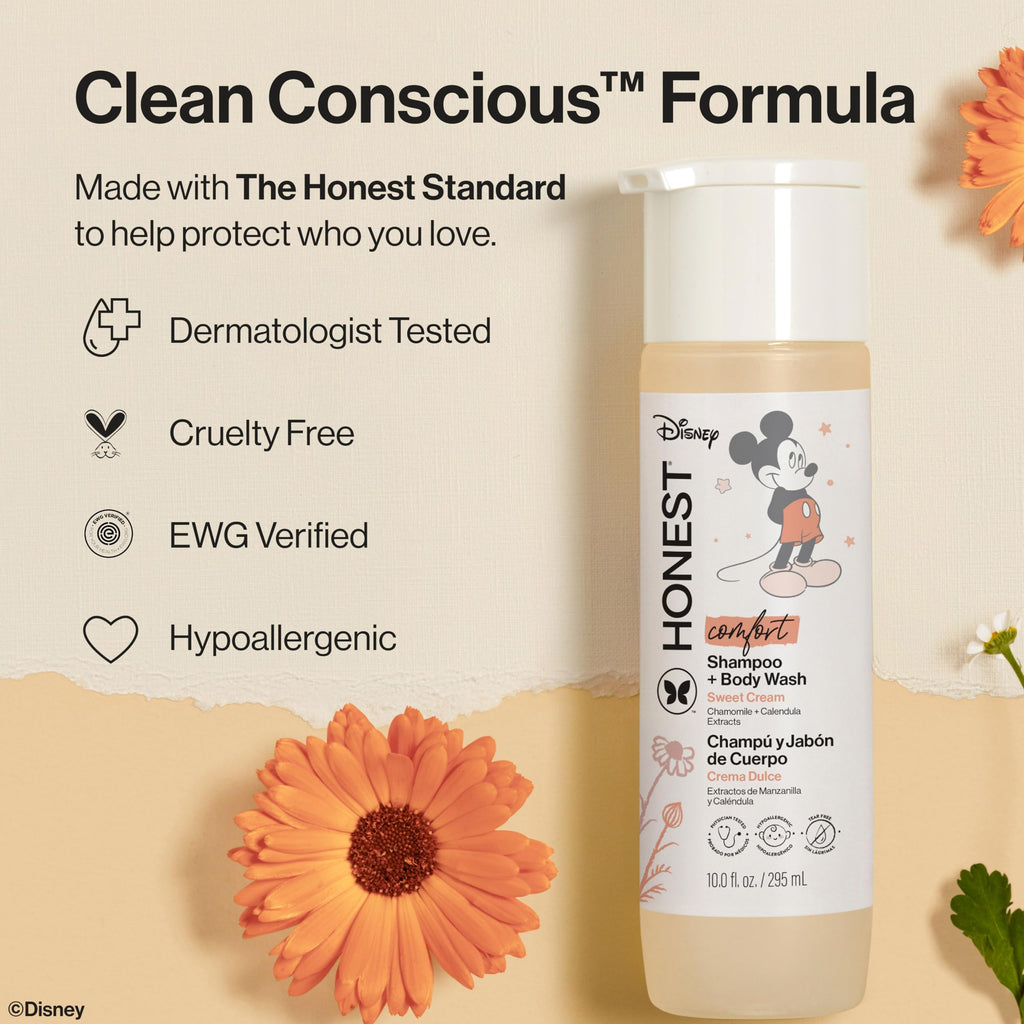 The Honest Company 2-in-1 Cleansing Shampoo Body Wash, Gentle Enough for Baby Dermatologist Tested Tear-free Hypoallergenic Disney’s Mickey Mouse Comfort Sweet Cream 10 fl oz