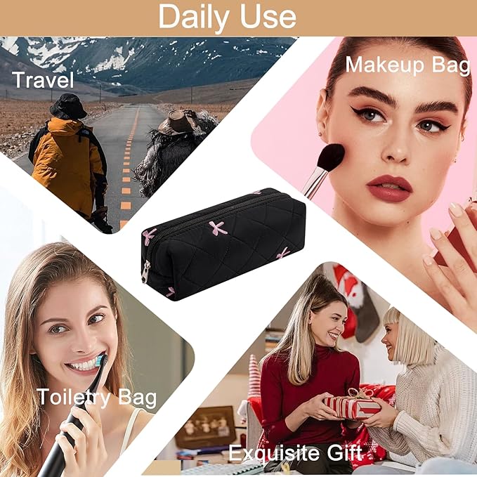 HHQQWZ Cute Floral Cotton Makeup Brush Cosmetic Bag for Women, Travel Quilted Zipper Make Up Bag, Flowers Toiletry Organizer Case Kawaii Makeup Cosmetic Travel Cloth Pouch (Black)