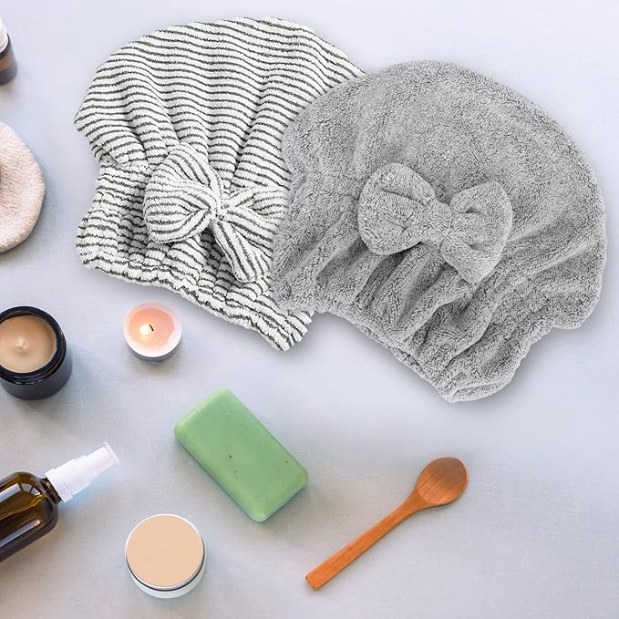 HMIEPRS 2 Pack Microfiber Hair Towel Cap, Quick Drying Cap Soft Absorbent Towel and 2 Combs for Curly Long Thick Dry or Wet Hair (Stripe and Gray)